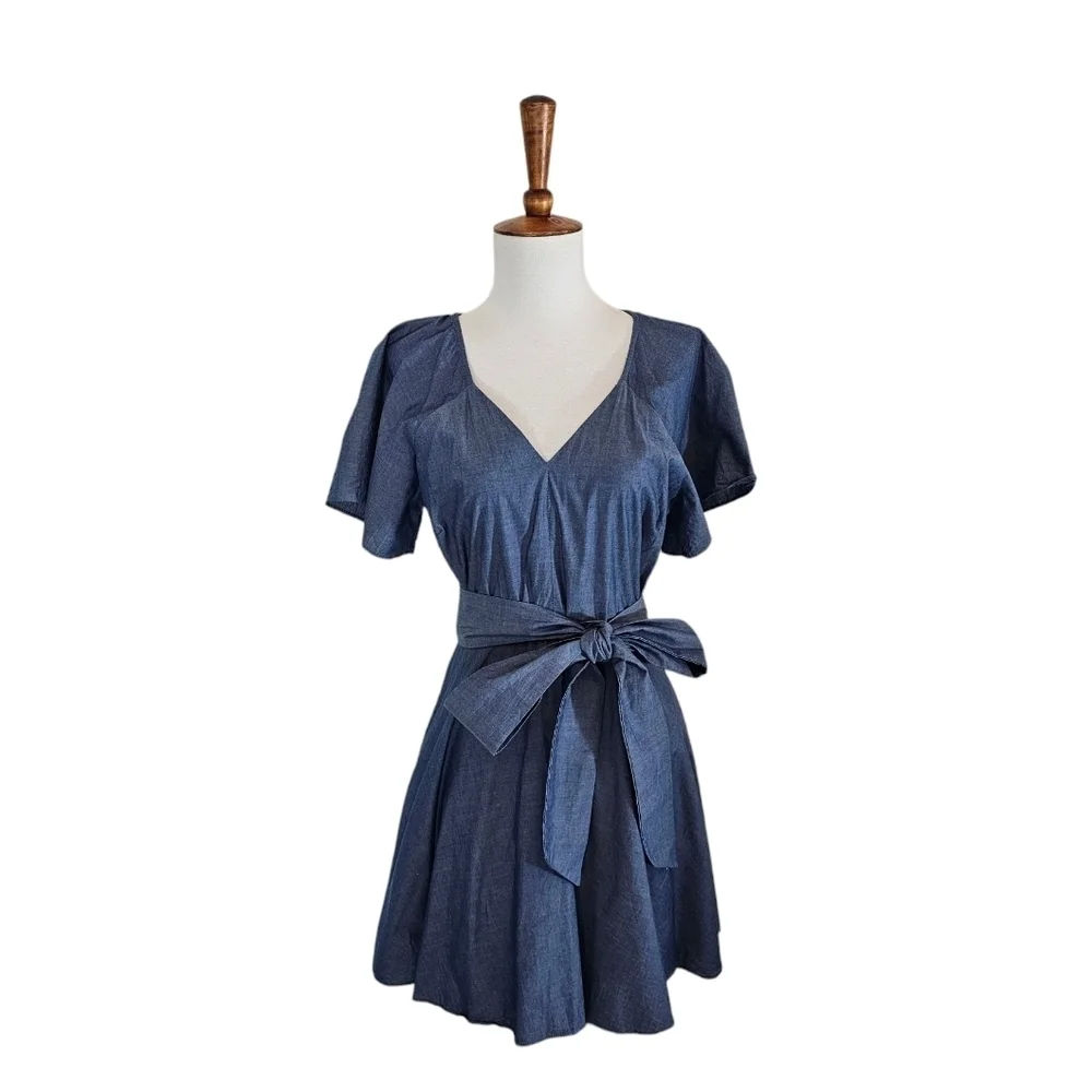 Parker 100% Cotton V Neck Mini Blue Dress Small Preowned - Picture 2 of 9